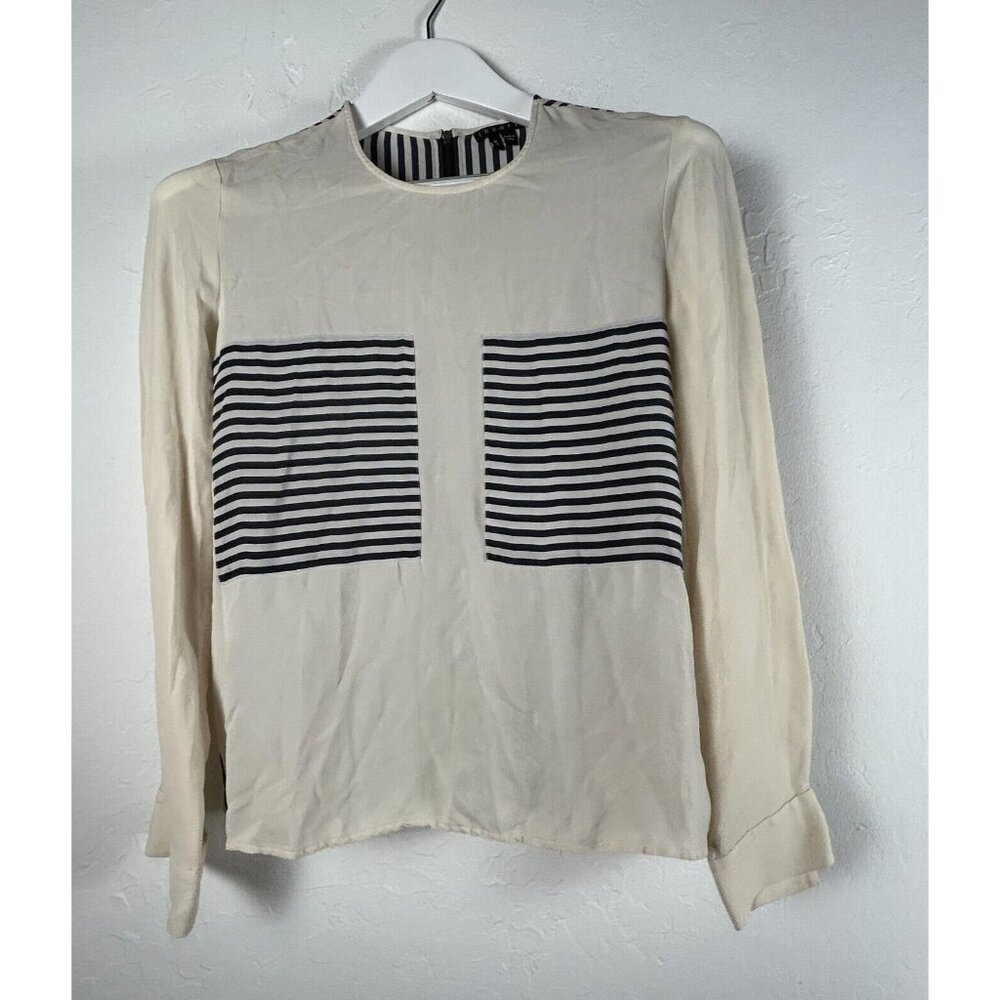Theory Women's Long Sleeve Black Stripe Top Silk White Size Medium Lightweight